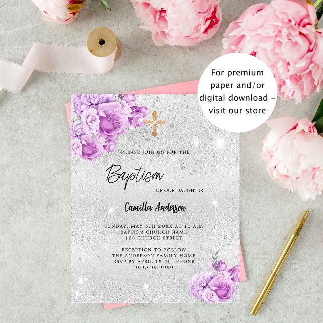 Papier Argent fleurs roses fille budget Baptême invitatio (Créateur téléchargé)