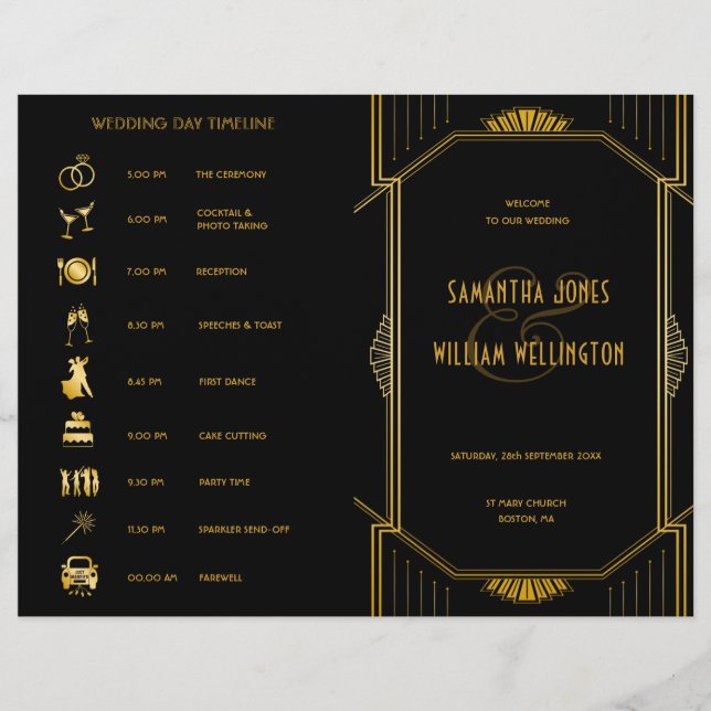 Papier Art Déco Gatsby Moderne Mariage plié Chronologie (Devant)