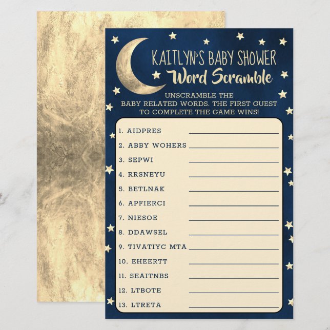 Papier Au-Dessus De La Lune | Baby shower Jeu Word Scramb (Devant / Derrière)