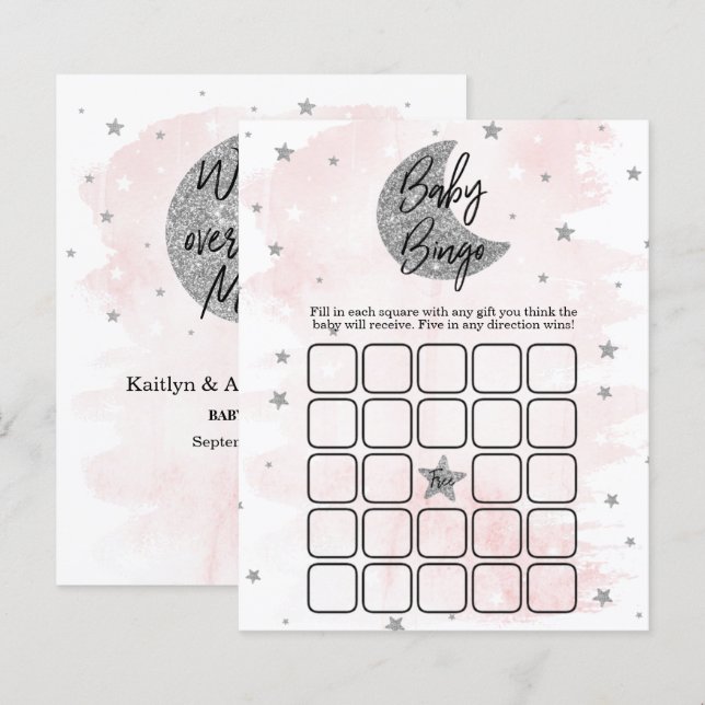 Papier Au-Dessus De La Lune | Bingo Baby shower Filles (Devant / Derrière)