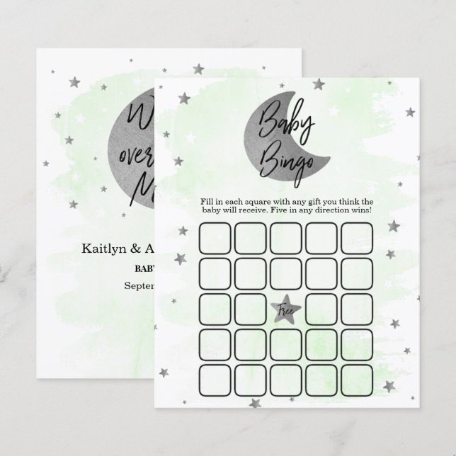 Papier Au-Dessus De La Lune | Bingo Baby shower neutre (Devant / Derrière)