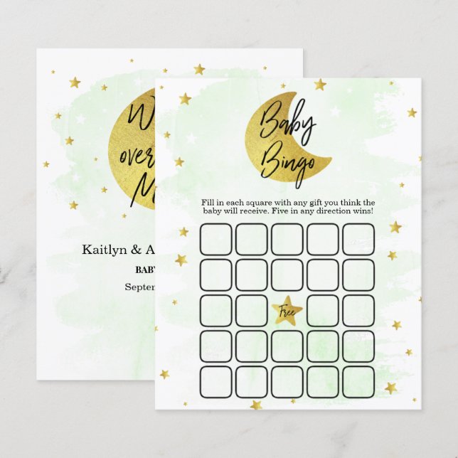 Papier Au-Dessus De La Lune | Bingo Baby shower neutre (Devant / Derrière)