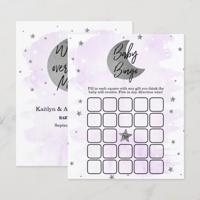 Papier Au-Dessus De La Lune | Bingo Baby shower neutre (Devant / Derrière)