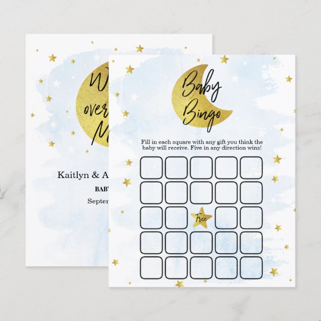 Papier Au-Dessus De La Lune | Boys Baby shower Bingo (Devant / Derrière)