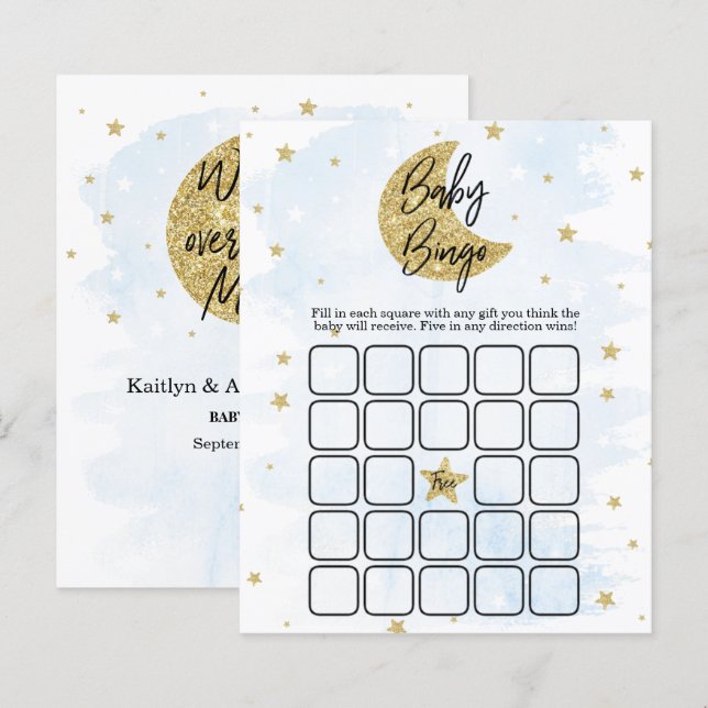 Papier Au-Dessus De La Lune | Boys Baby shower Bingo (Devant / Derrière)