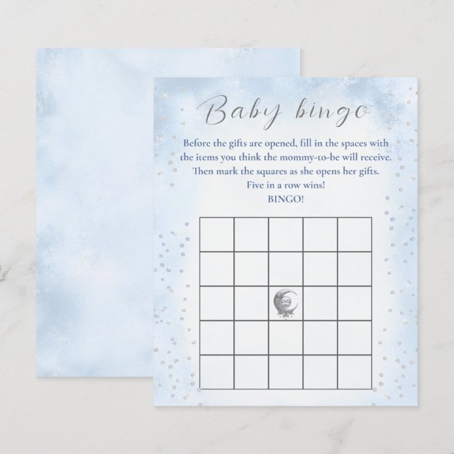 Papier Au-Dessus De La Lune Garçon Baby shower Jeu Bingo  (Devant / Derrière)