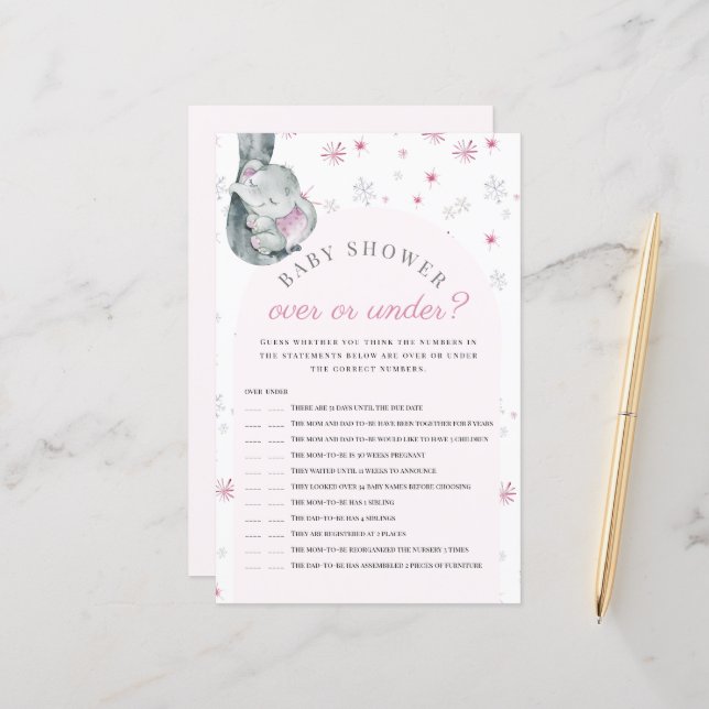 Papier Au-Dessus Ou Sous Le Jeu Baby shower Rose Éléphant (Devant/Arrière en situation)