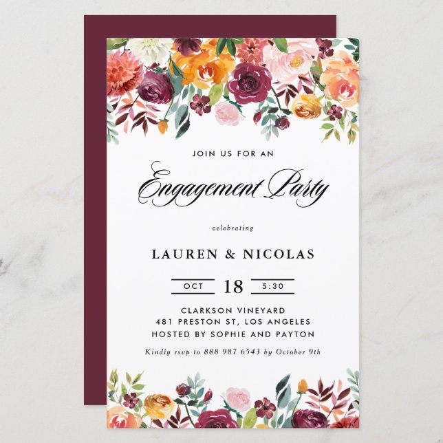 Papier Automne Blooms Garland Engagement Party Invitation (Devant / Derrière)