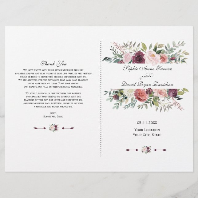 Papier Automne Bourgogne Ivory Floral Frame Wedding Progr (Devant)