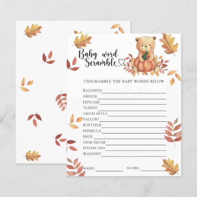 Papier Automne citrouille et ours - Baby Word Scramble Je (Devant / Derrière)
