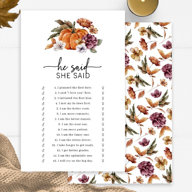 Papier Automne Il A Dit Qu'Elle A Dit Game (Fall Bridal He Said She Said Game Fall In Love Bridal Shower Pumpkin Florals by Painted Paperie)