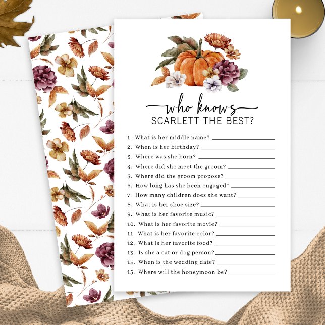 Papier Automne Qui Connaît Le Jeu De Mariage (Fall Who Knows The Bride Game Fall In Love Bridal Shower Pumpkin Florals by Painted Paperie)