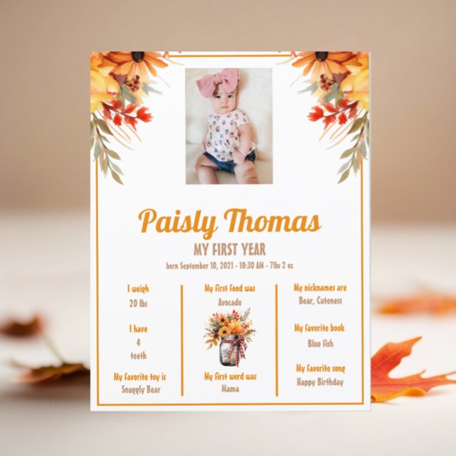 Papier Automne Tournesol 1er Anniversaire Poster de jalon (Créateur téléchargé)