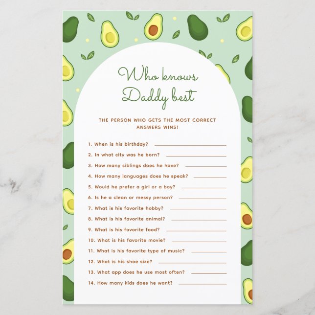 Papier Avocado Qui Connaît Papa Meilleur Baby shower Jeu (Devant)