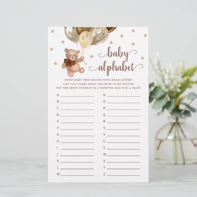 Papier Baby Alphabet ABC Jeu Baby shower Teddy Bear (Debout devant)