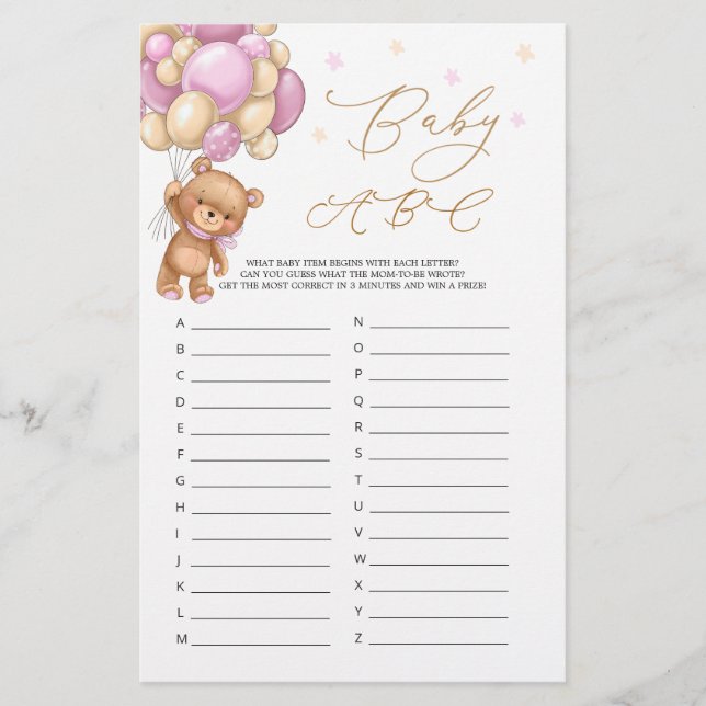 Papier Baby Alphabet ABC Jeu Teddy Bear Baby shower (Devant)