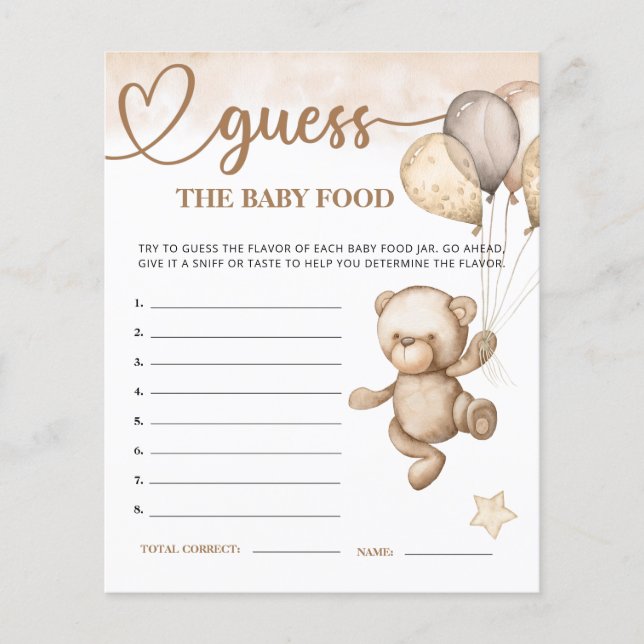 Papier Baby Bear Baby shower Guess the Baby Food Card (Devant)