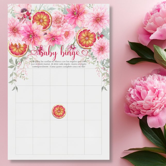 Papier Baby Bingo Citrus rose Baby shower espagnol jeu (Spanish Baby bingo citrus and pink watercolor flowers baby shower game)
