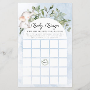 Papier Baby Bingo Elephant Garçon Blue Baby shower Jeu