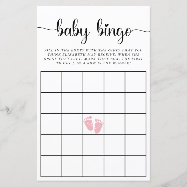 Papier Baby Bingo rose bébé fille douche Jeu (Devant)