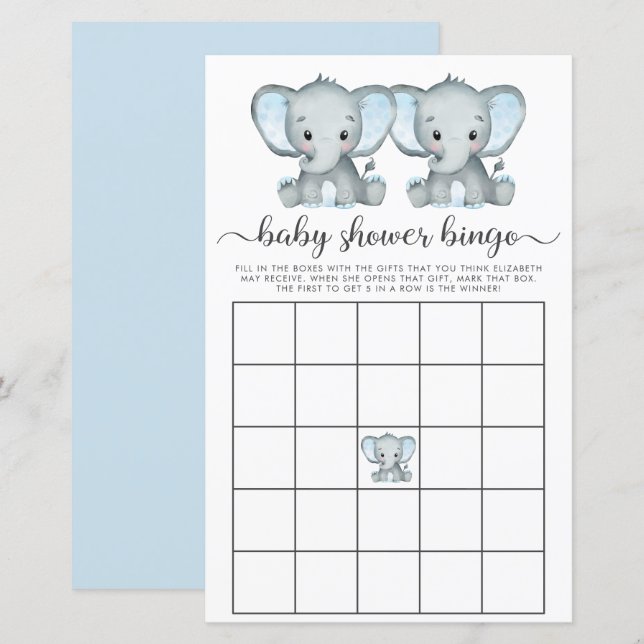 Papier Baby Bingo Twin Boys Elephant Douche Jeu (Devant / Derrière)