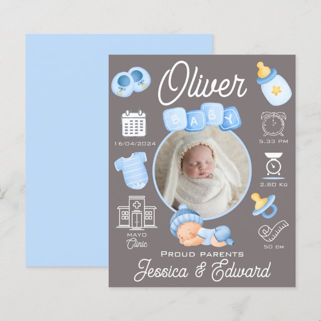 Papier Baby Boy Birth Statistiques Blue Grey Nouveau-né M (Devant / Derrière)
