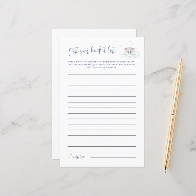 Papier Baby Bucket List Jeu Elephant Baby shower Bleu (Devant/Arrière en situation)
