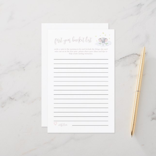 Papier Baby Bucket List Jeu Elephant Baby shower rose (Devant/Arrière en situation)