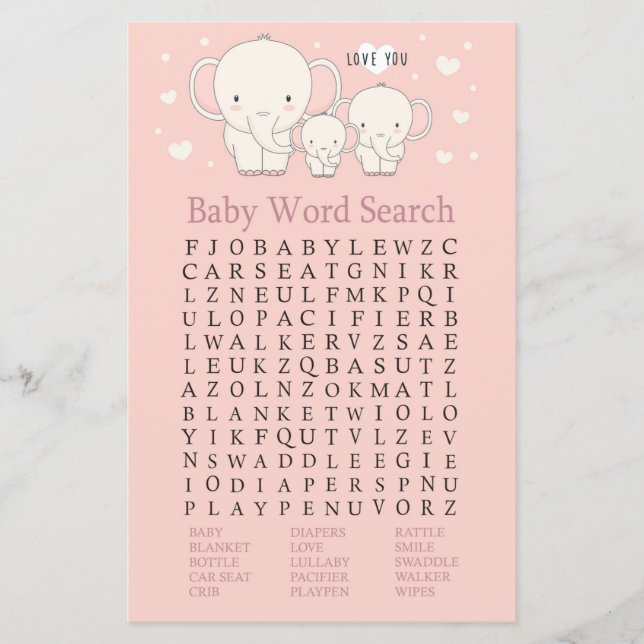 Papier Baby Elephant Baby shower Word Recherche Jeu (Devant)