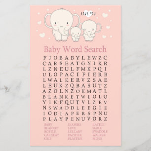 Papier Baby Elephant Baby shower Word Recherche Jeu