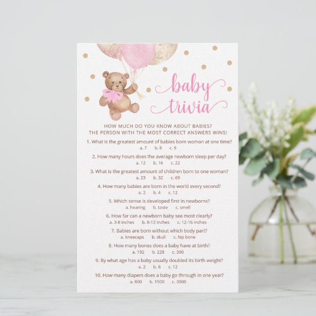 Papier Baby Facts Trivia Jeu Baby shower Teddy Bear (Debout devant)