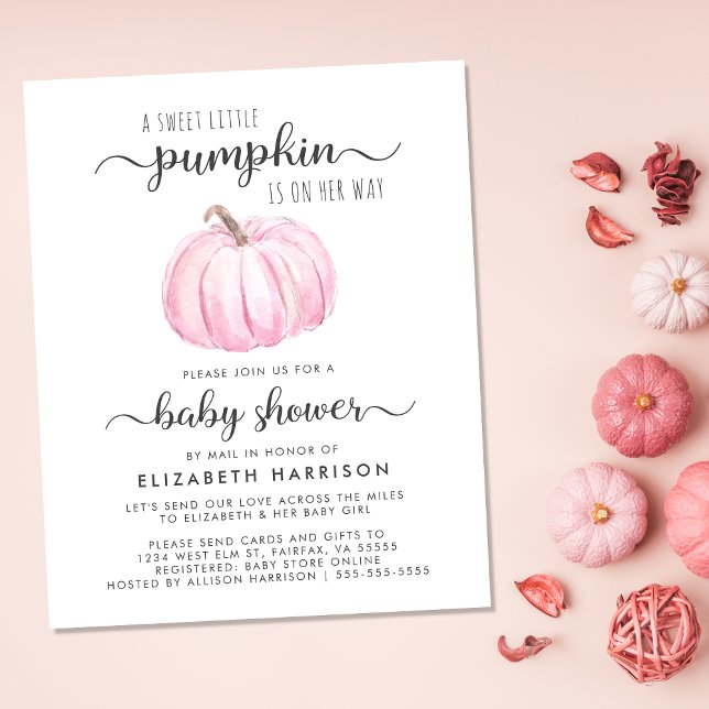 Papier Baby Girl Douche par courrier Citrouille rose Invi (Celebrate the upcoming arrival of your little autumn baby with a pumpkin-themed baby shower by mail)