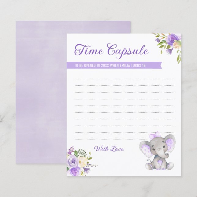 Papier Baby Girl Elephant 1er Anniversaire Heure Capsule  (Devant / Derrière)
