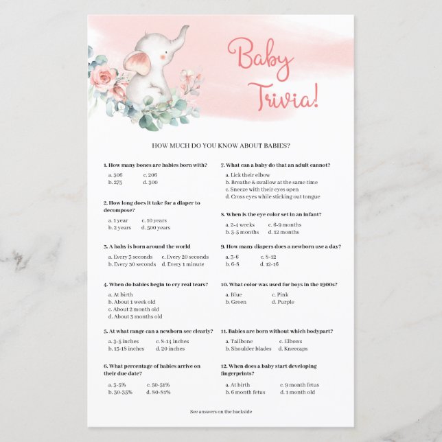 Papier Baby Girl Elephant Eucalyptus Baby Trivia jeu (Devant)