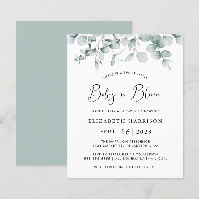 Papier Baby in Bloom Eucalyptus Budget Douche Invitation (Devant / Derrière)