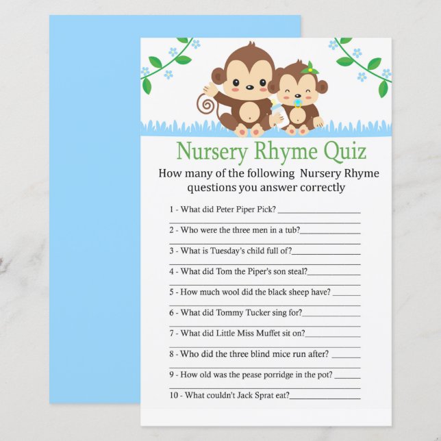 Papier Baby Monkey Nursery Rhyme Quiz jeu de baby shower (Devant / Derrière)
