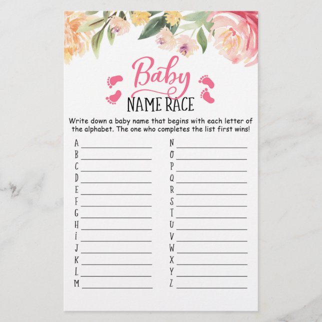 Papier Baby Name Race Jeu Baby shower partie (Devant)