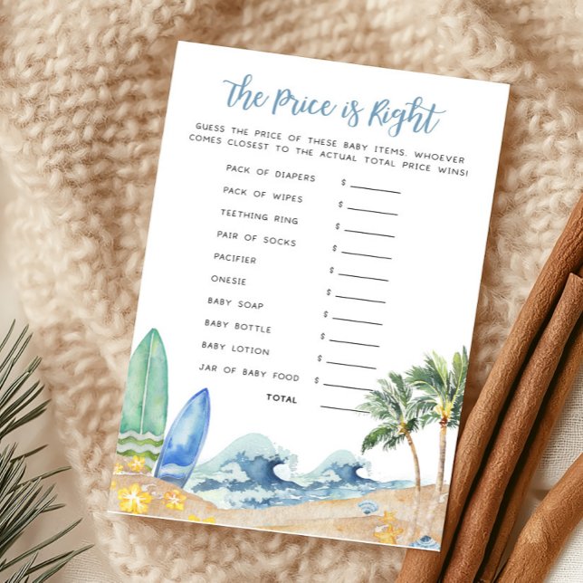 Papier Baby on Board Beach Baby Le prix est le bon jeu (Surfing Summer Boy Baby Shower The Price is Right Game)