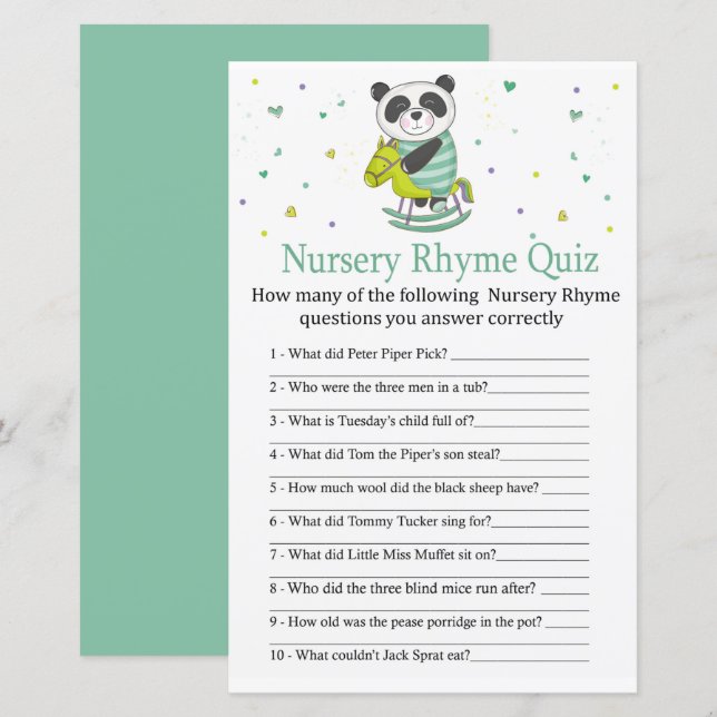 Papier Baby Panda Nursery Rhyme Quiz jeu de baby shower (Devant / Derrière)