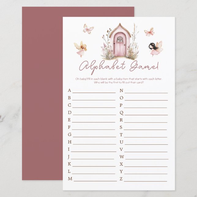 Papier Baby shower Alphabet des fées de bois rose (Devant / Derrière)