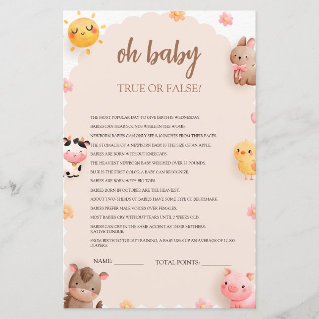 Papier Baby shower animal agricole Jeu Vrai ou Faux (Devant)