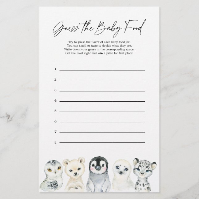 Papier Baby shower Animal Arctique Devinez Le Jeu Aliment (Devant)