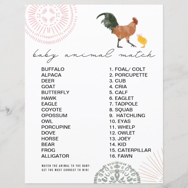Papier Baby shower animal de poule de fille match jeu (Devant)