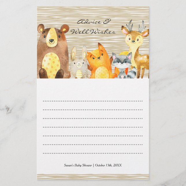 Papier Baby shower animal Woodland Conseils et souhaits (Devant)