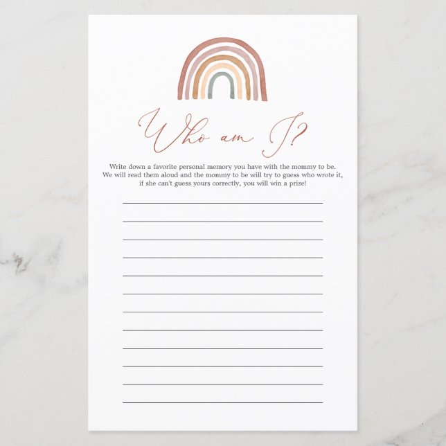 Papier Baby shower arc-en-ciel Qui suis-je partie (Devant)