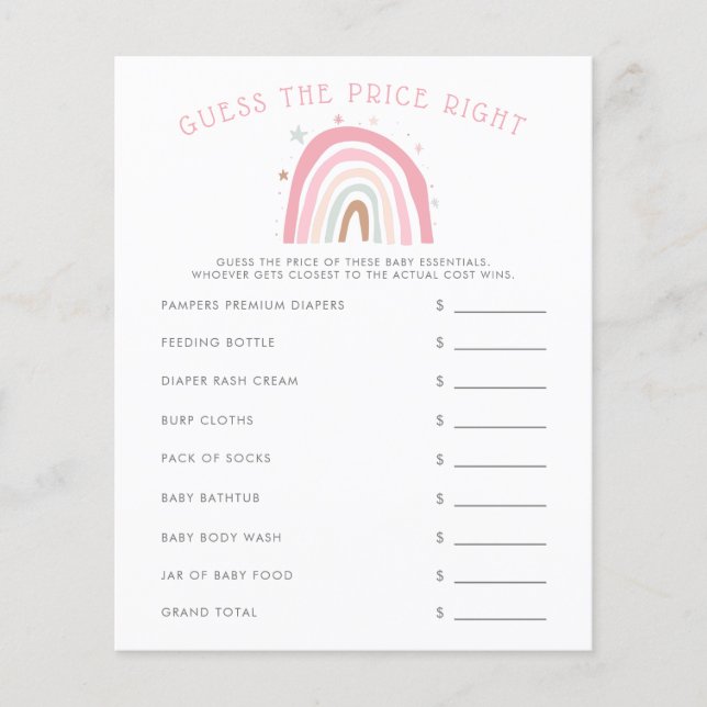Papier Baby shower Arc-En-Ciel Rose Devinez Le Prix Juste (Devant)
