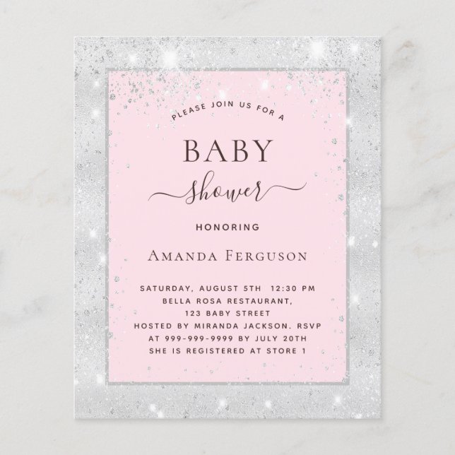 Papier Baby shower argent rousse rose fille invitation (Devant)