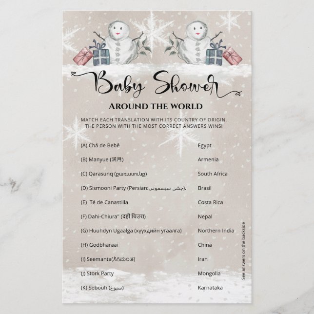 Papier Baby shower autour du monde Baby shower Snowman (Devant)