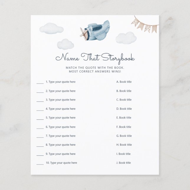 Papier Baby shower Avion Aventure Nom du livre d'histoire (Devant)