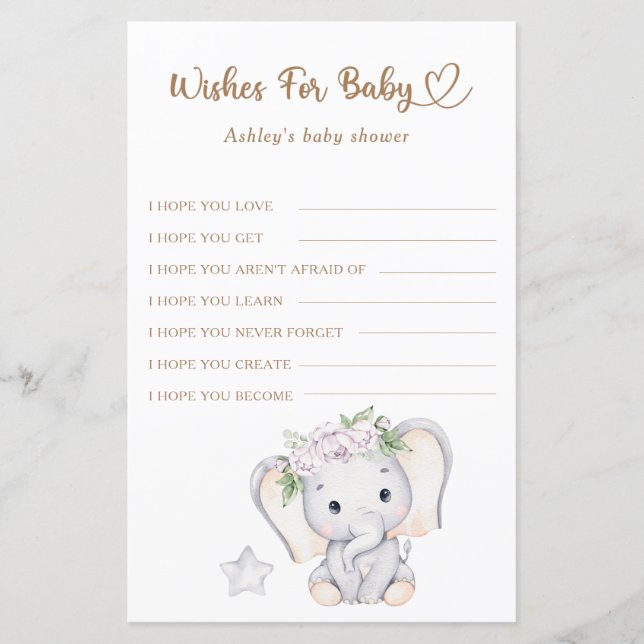 Papier Baby shower bébé éléphant souhaits pour bébé (Devant)